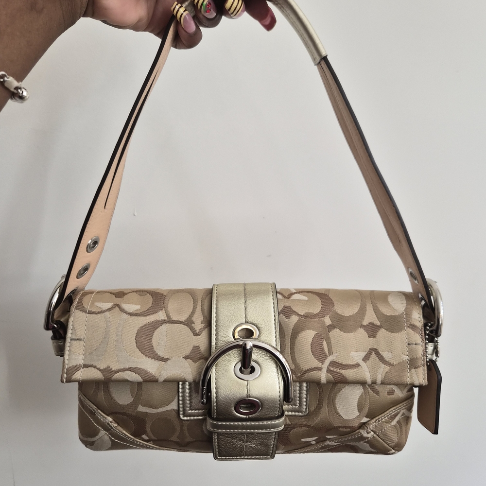 Coach Tan and Gold Signature Shoulder Bag
